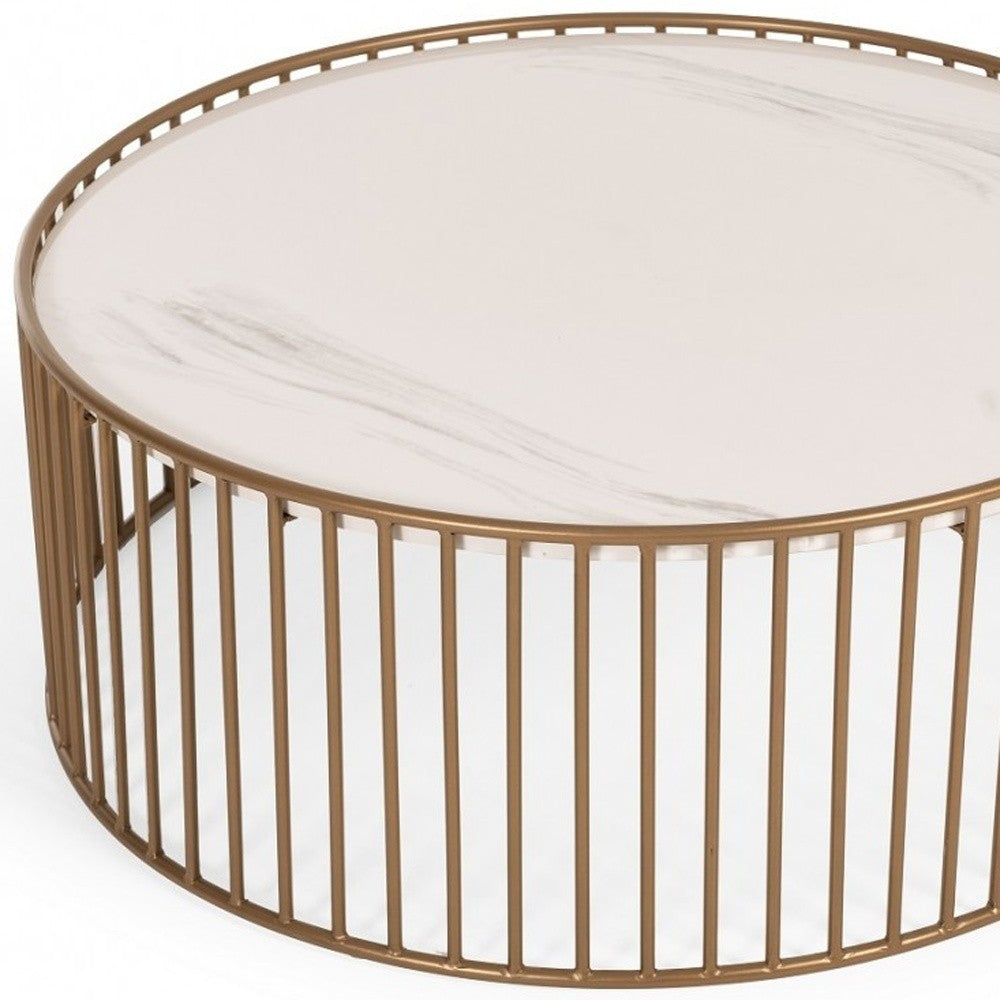 37" White and Gold Faux Marble And Metal Round Frame Coffee Table