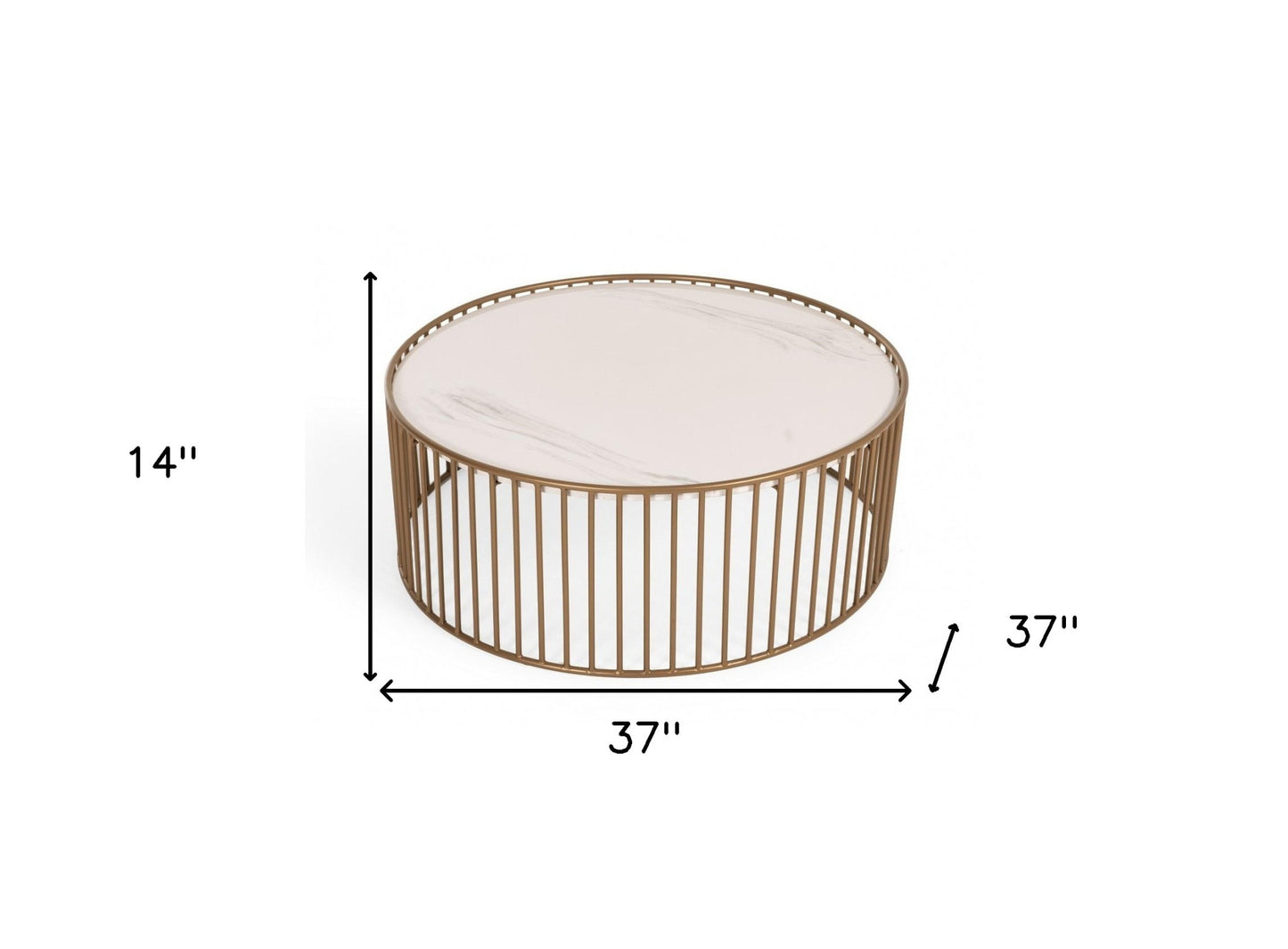 37" White and Gold Faux Marble And Metal Round Frame Coffee Table