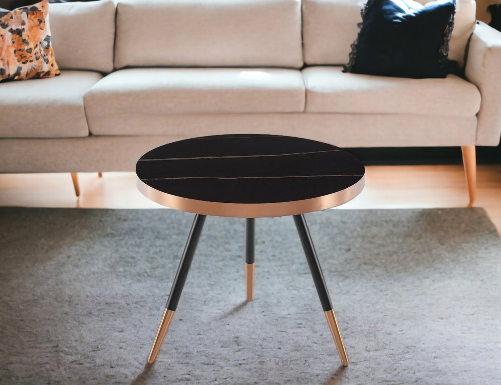 20" Black and Gold Faux Marble And Metal Round Coffee Table