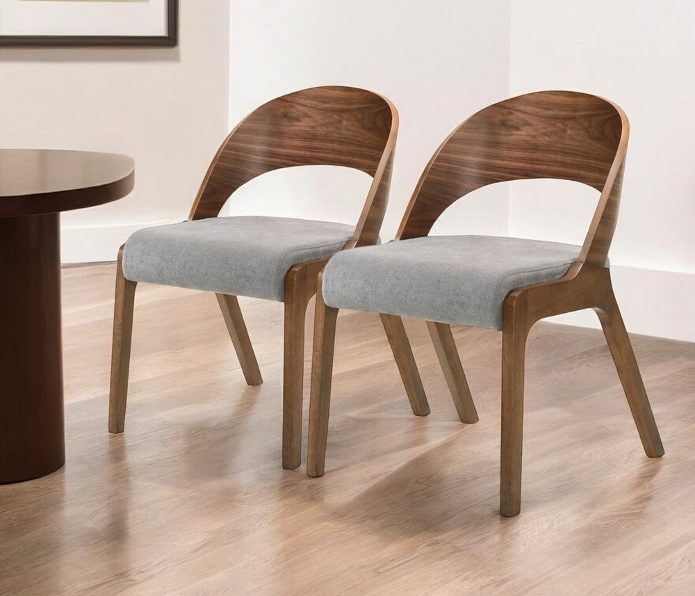 Set of Two Gray and Brown Upholstered Fabric Curved Back Dining Side Chairs