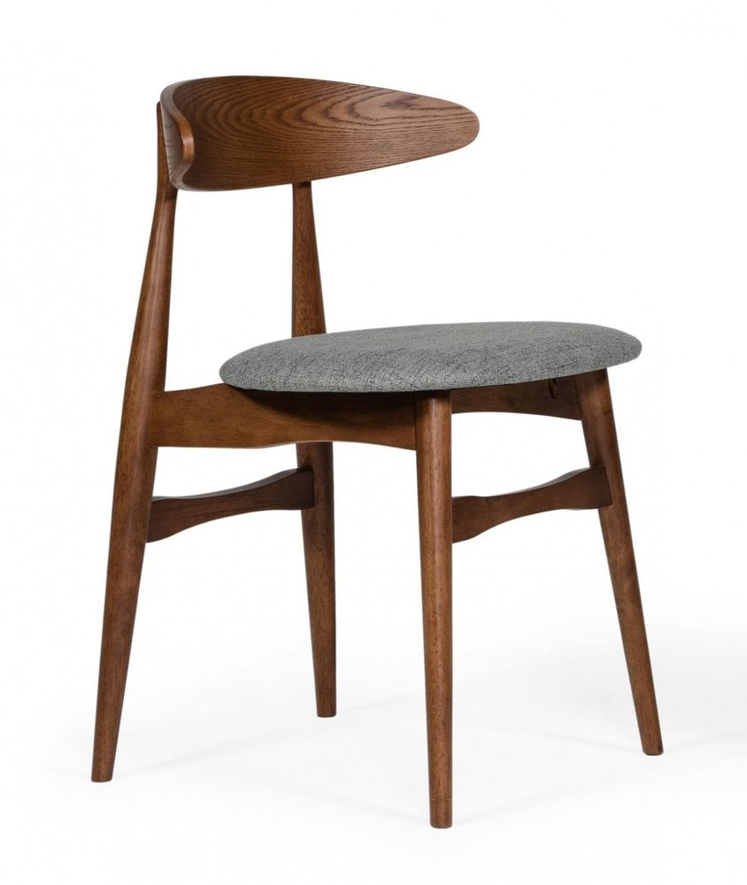 Set of Two Gray and Brown Upholstered Fabric Wishbone Back Dining Side Chairs