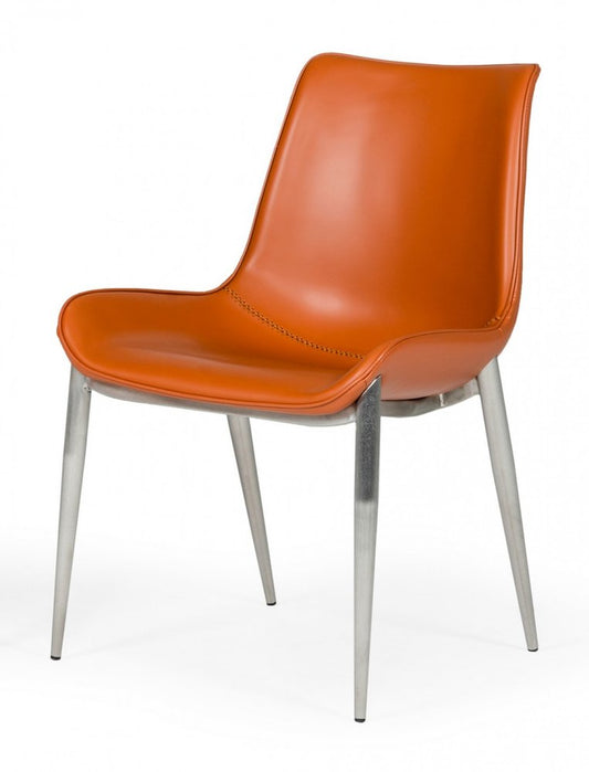Set of Two Terra Cotta and Silver Upholstered Faux Leather Wing Back Dining Side Chairs