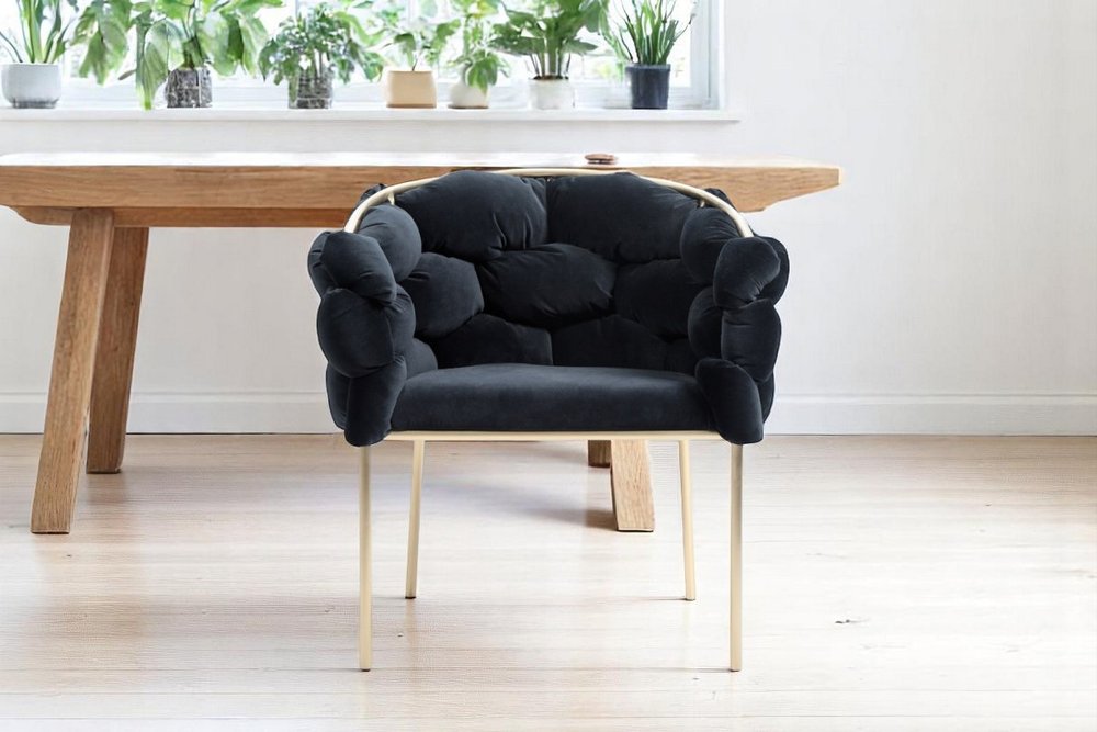 Black and Brass Upholstered Fabric Dining Arm Chair