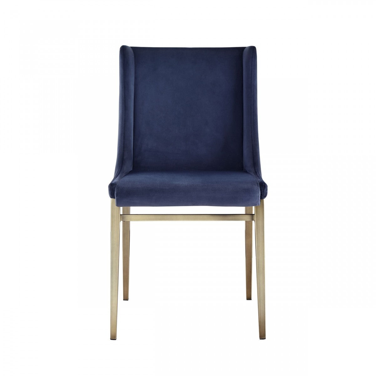 Set of Two Blue and Antiqued Brass Upholstered Fabric Wing Back Dining Side Chairs