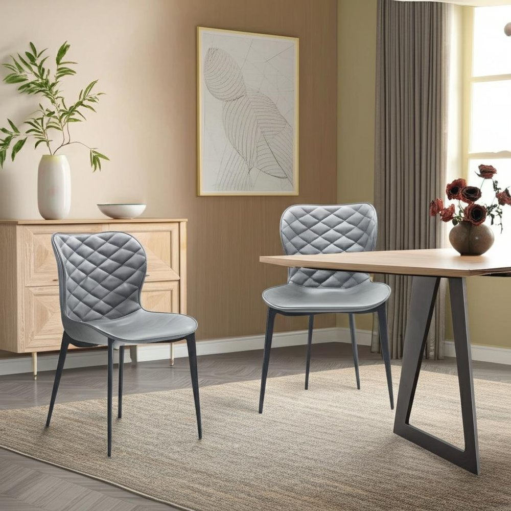 Set of Two Gray and Black Upholstered Faux Leather Dining Side Chairs