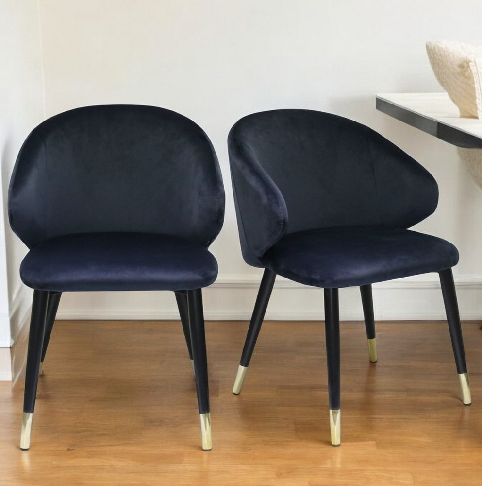 Set of Two Blue Black and Gold Upholstered Velvet Wing Back Dining Arm Chairs