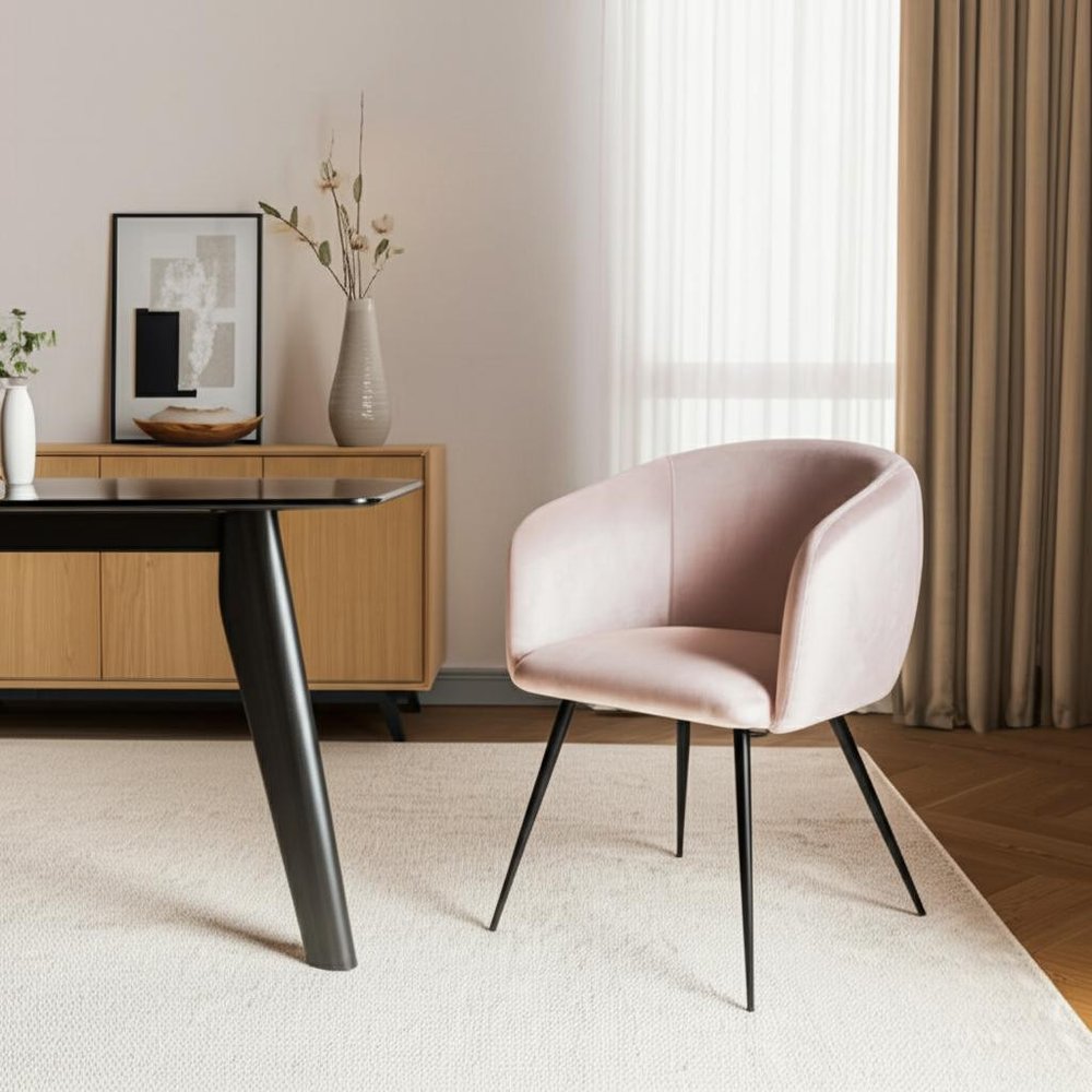 Pink and Black Upholstered Velvet Dining Arm Chair