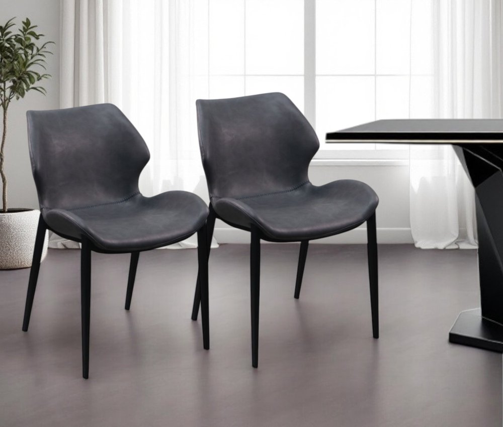 Set of Two Gray and Black Upholstered Faux Leather Wing Back Dining Side Chairs