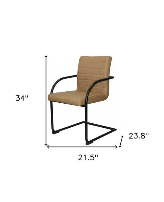 Set of Two Tan and Black Upholstered Faux Leather Dining Arm Chairs