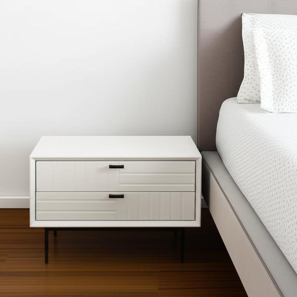 16" White and Black Two Drawer Faux Wood Nightstand