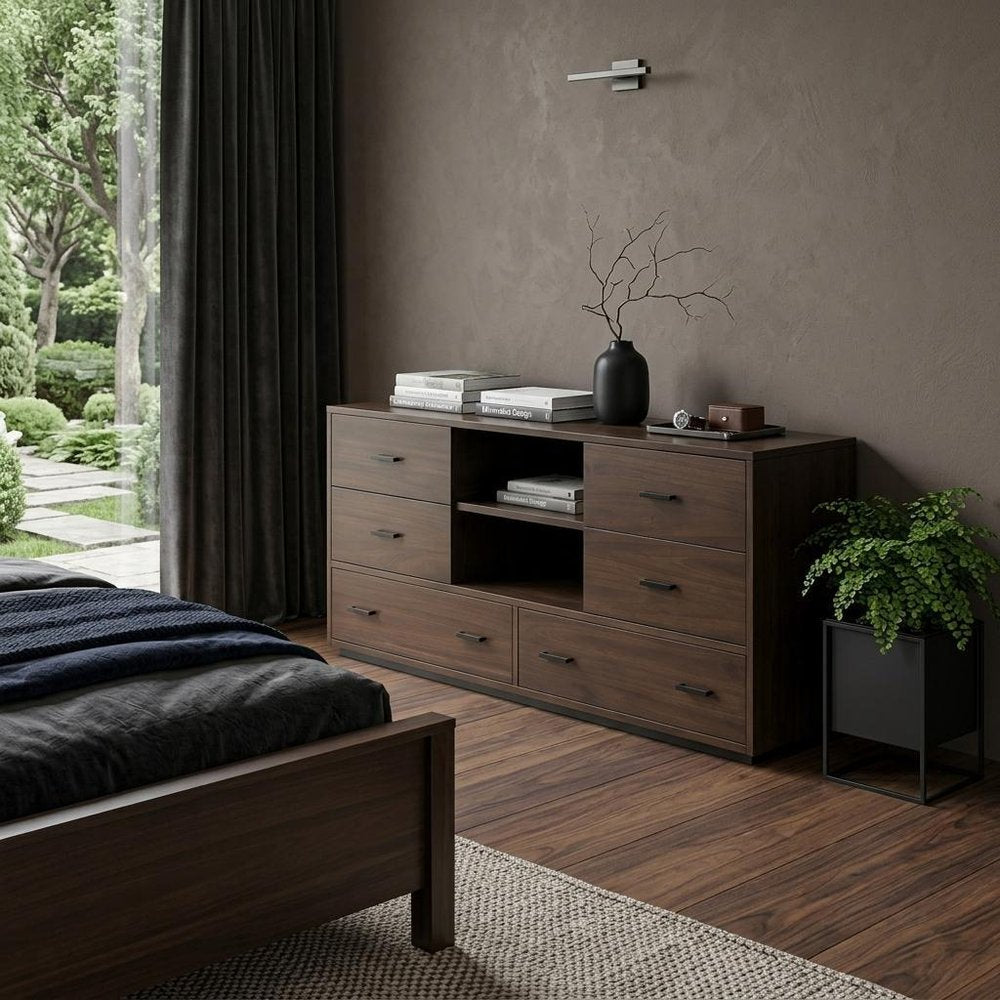 63" Dark Brown Wood Six Drawer Double Dresser