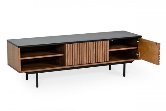 63" Walnut And Gray Wood Open And Enclosed Storage TV Stand