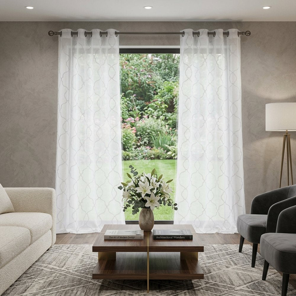 84” White Trellis Pattern Embroidered Window Curtain Panel