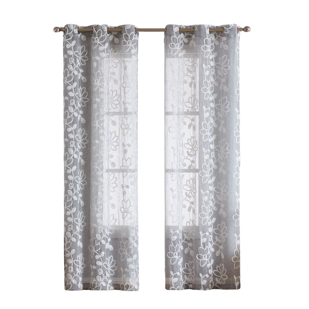 Set of Two 84" Silver Floral Embroidered Window Panels