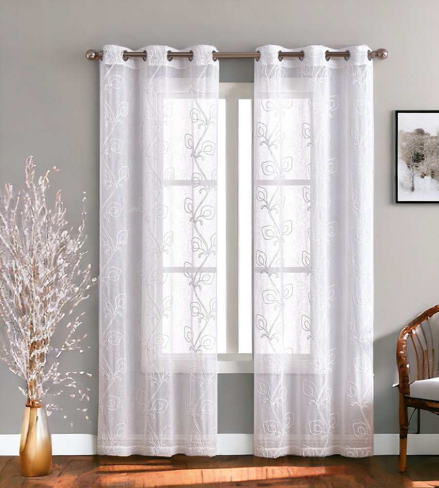 Set of Two 84" White Boho Embroidered Window Panels