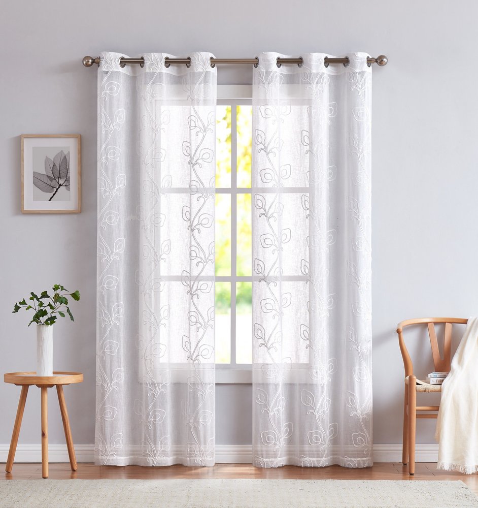 Set of Two 96" White Boho Embroidered Window Panels