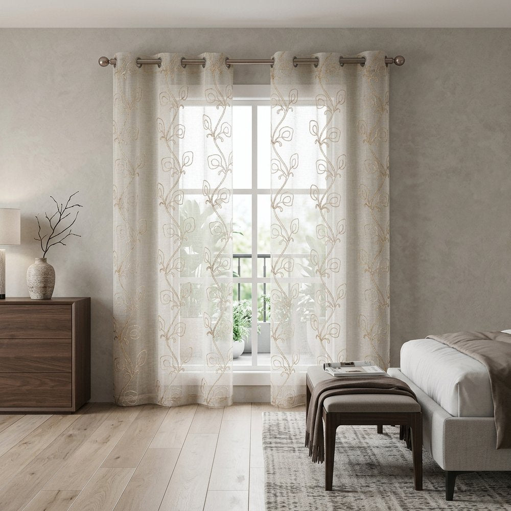 Set of Two 96" Beige Boho Embroidered Window Panels