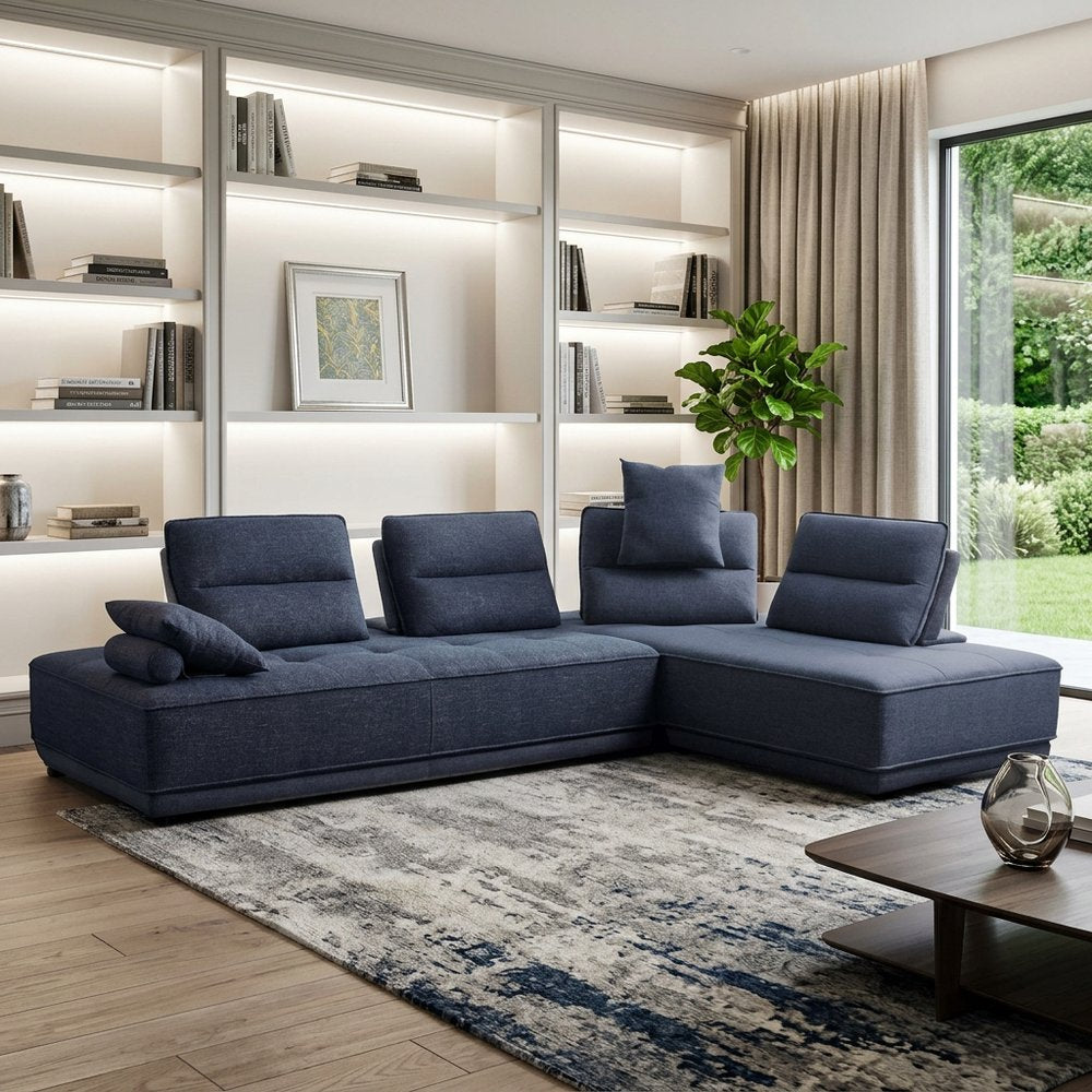 Blue 100% Polyester Stationary L Shaped Two Piece Sofa And Chaise