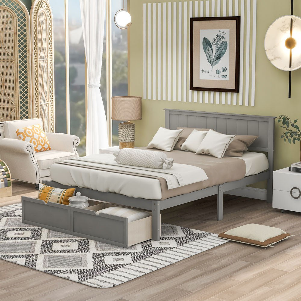 Gray Ribbed Texture Wood Full Bed Frame With Two Drawers