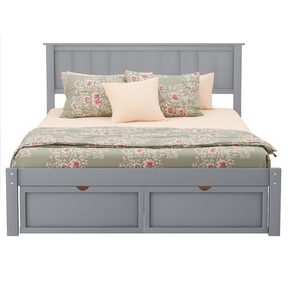Gray Ribbed Texture Wood Full Bed Frame With Two Drawers