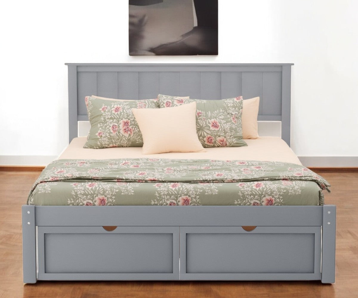 Gray Ribbed Texture Wood Full Bed Frame With Two Drawers