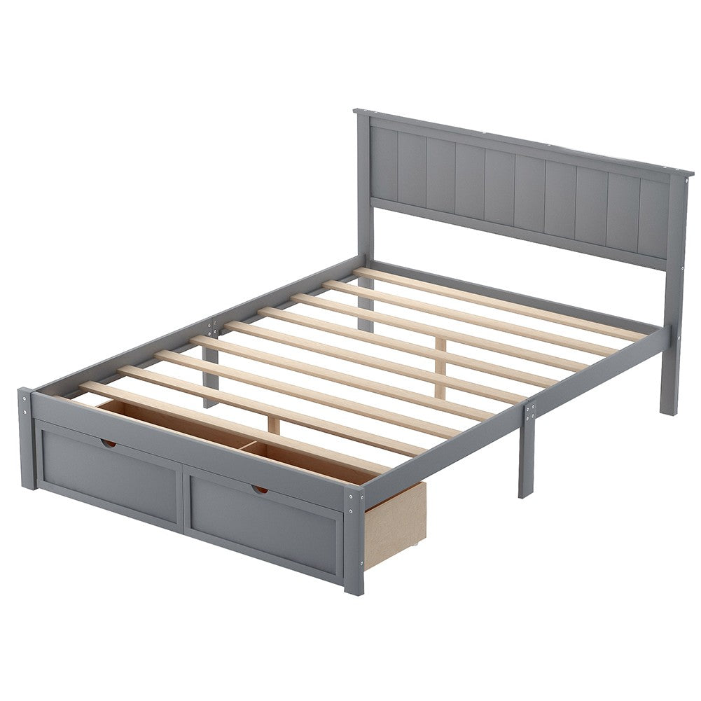 Gray Ribbed Texture Wood Full Bed Frame With Two Drawers