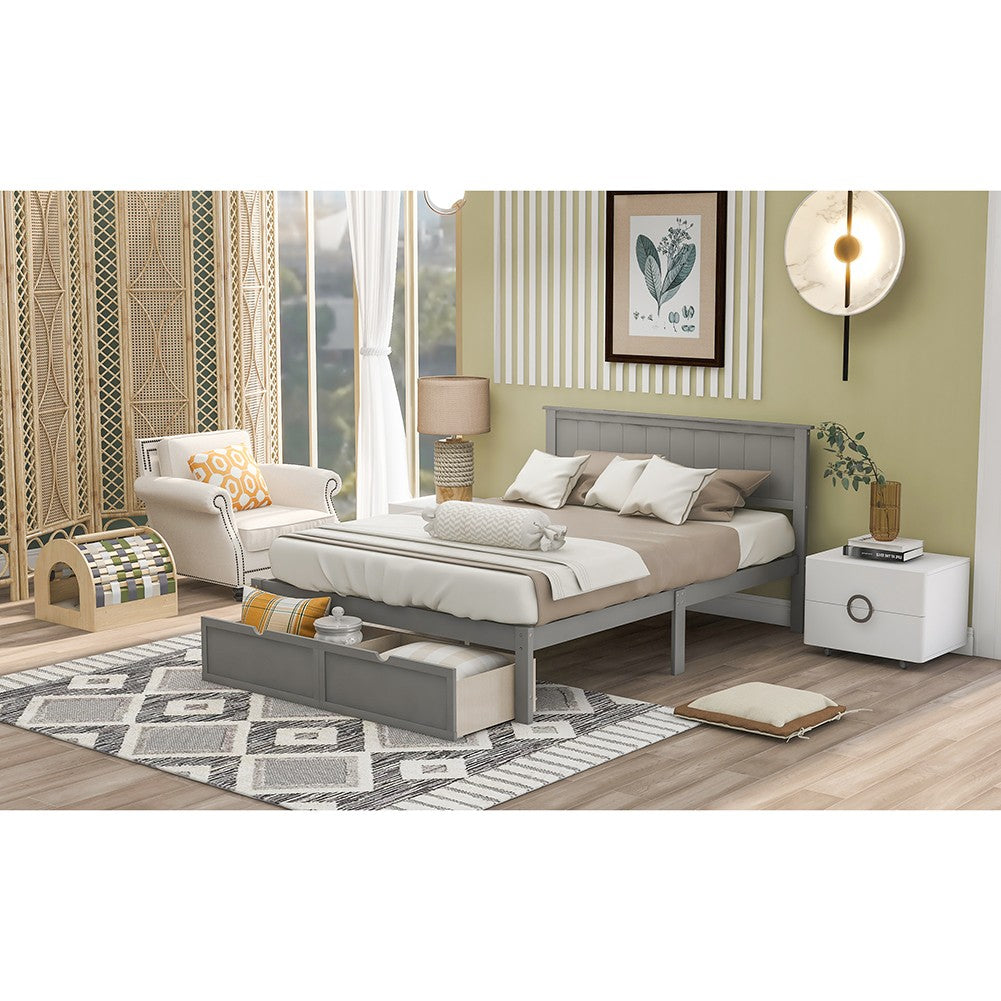 Gray Ribbed Texture Wood Full Bed Frame With Two Drawers