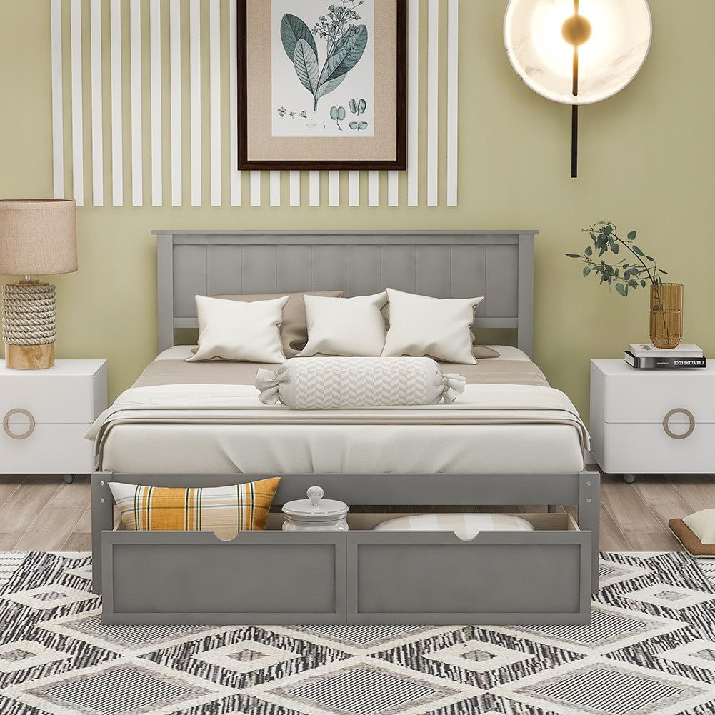 Gray Ribbed Texture Wood Full Bed Frame With Two Drawers
