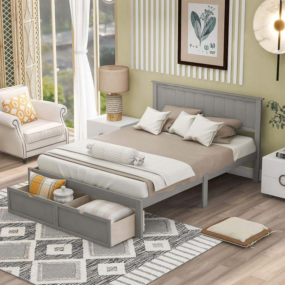 Gray Ribbed Texture Wood Full Bed Frame With Two Drawers
