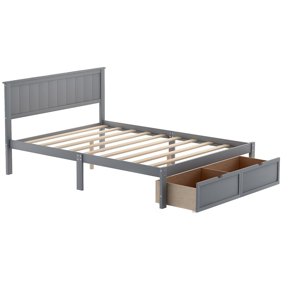 Gray Ribbed Texture Wood Full Bed Frame With Two Drawers