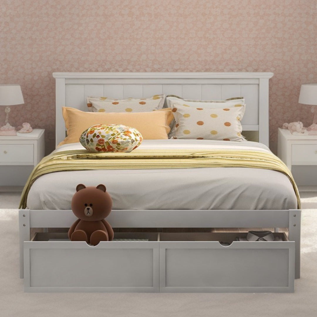 White Ribbed Texture Wood Full With Two Drawers Bed Frame