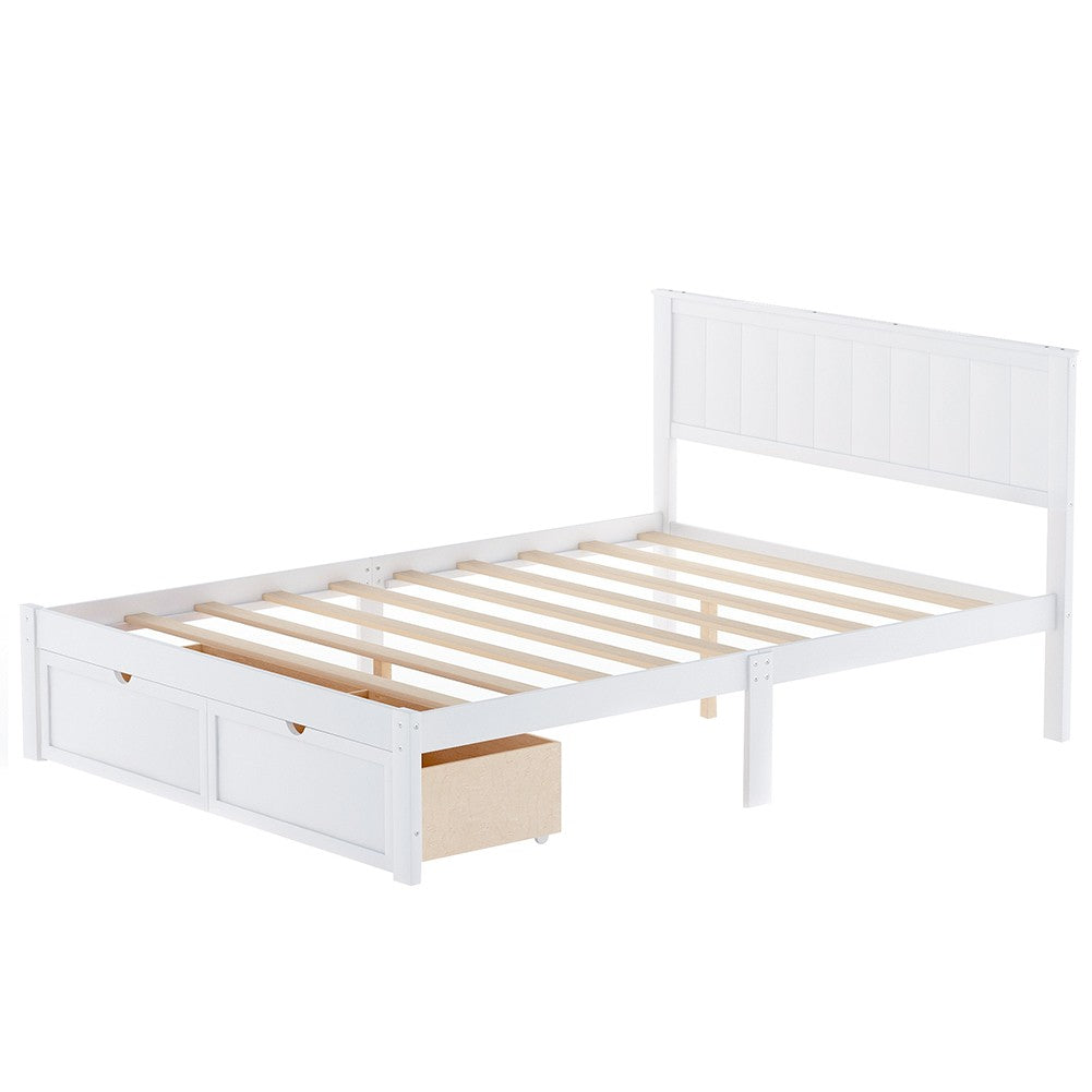 White Ribbed Texture Wood Full With Two Drawers Bed Frame