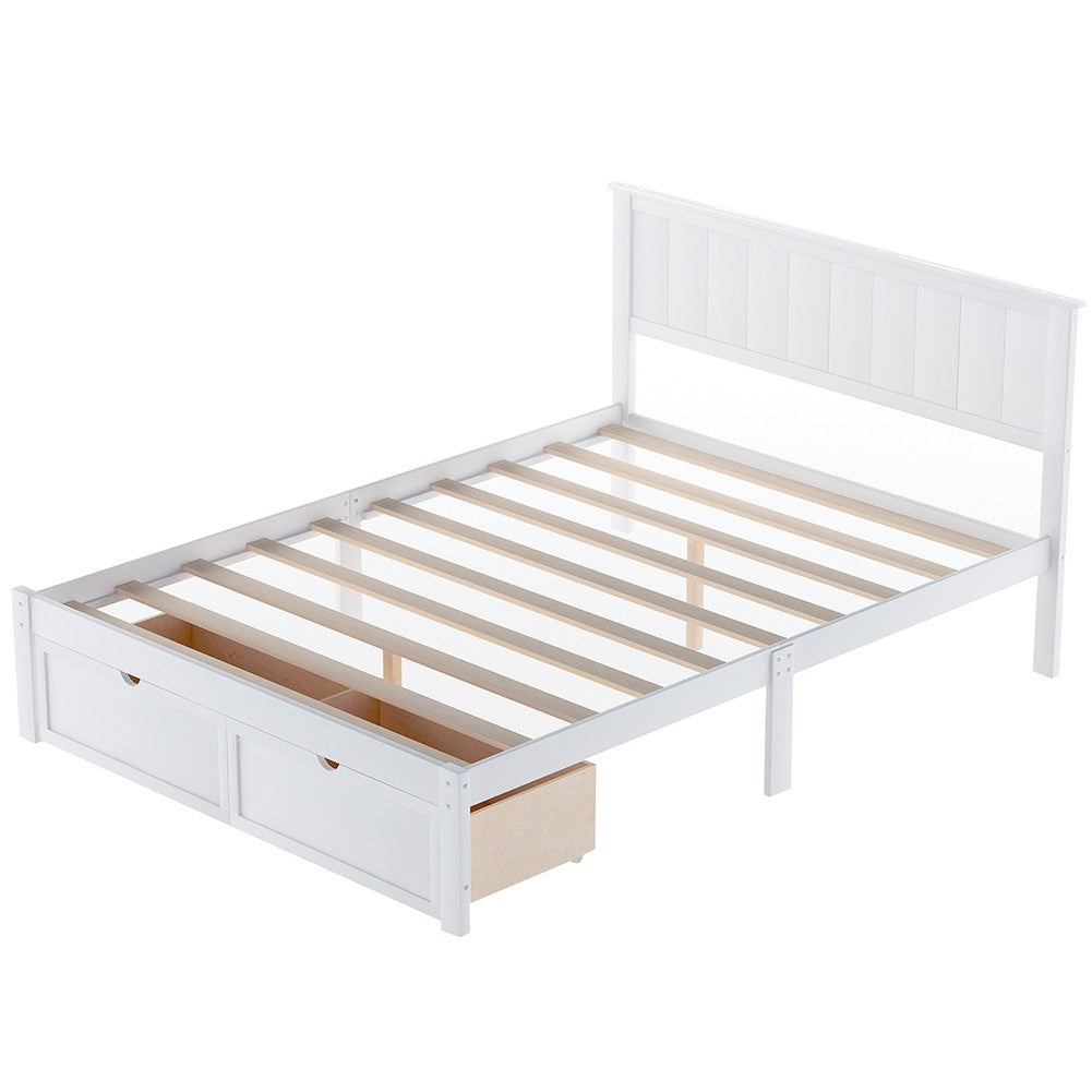 White Ribbed Texture Wood Full With Two Drawers Bed Frame