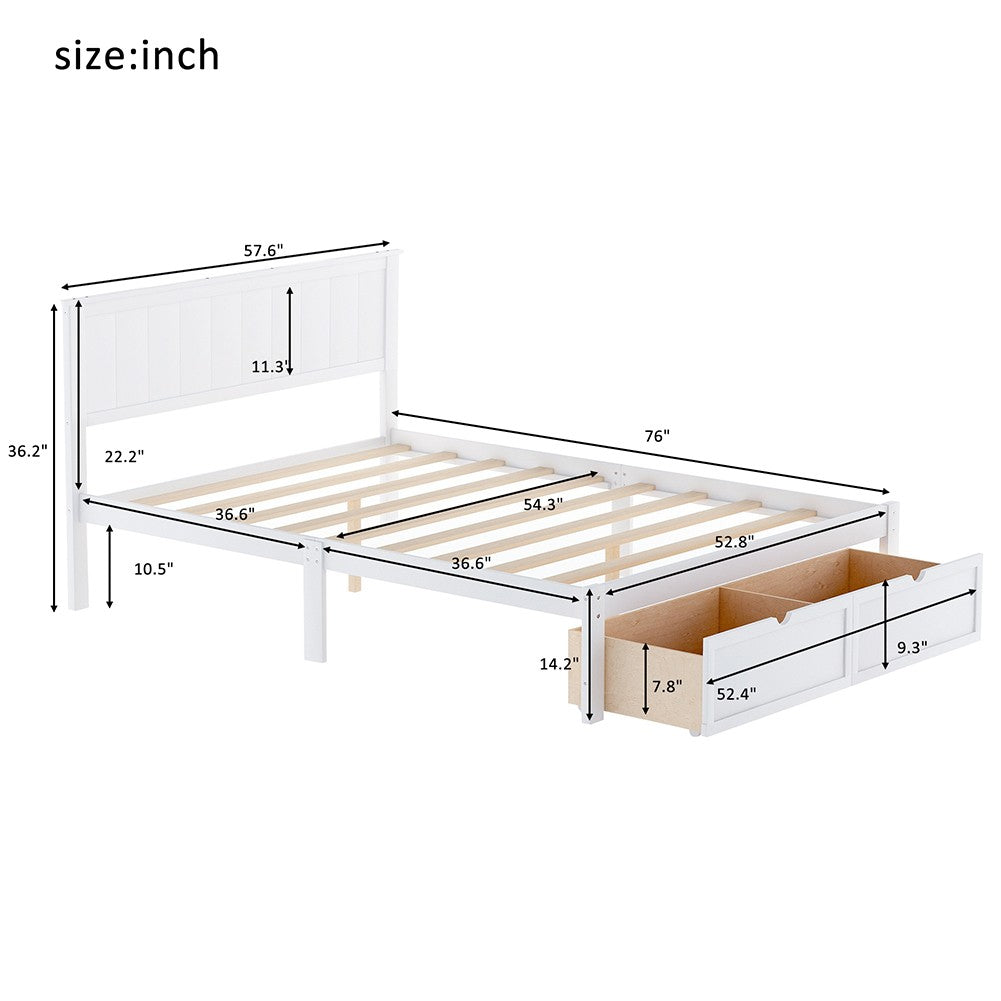 White Ribbed Texture Wood Full With Two Drawers Bed Frame