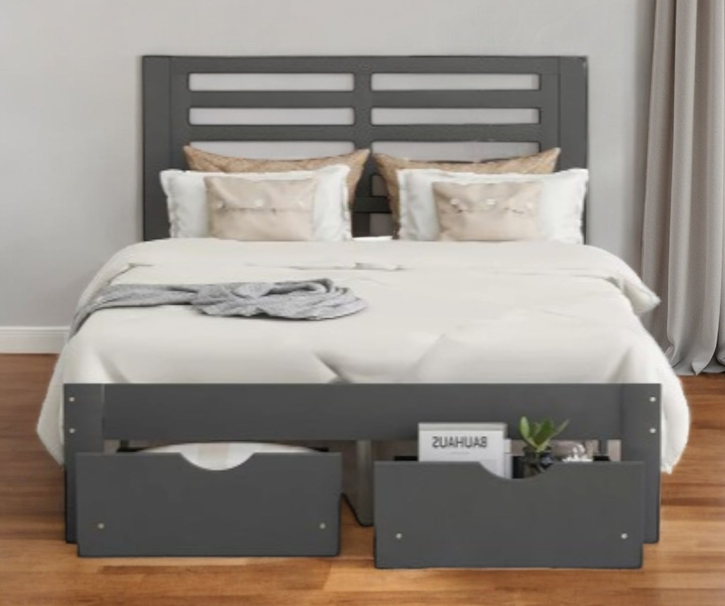 Gray Wood Full With Two Drawers Bed Frame