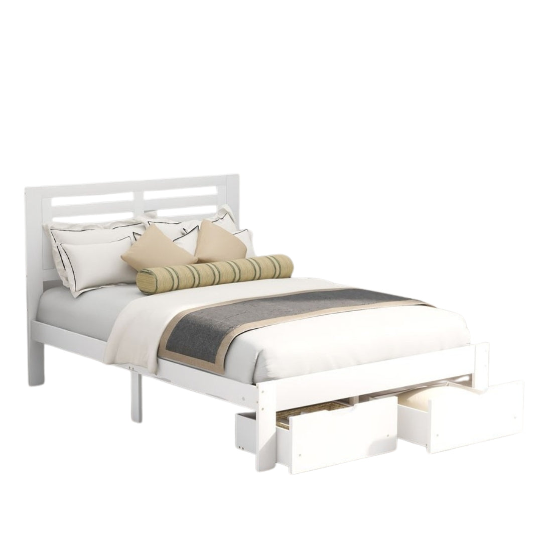 White Wood Full With Two Drawers Bed Frame