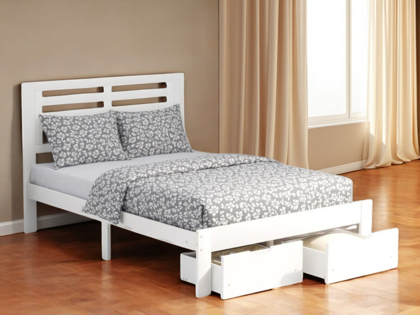 White Wood Full With Two Drawers Bed Frame