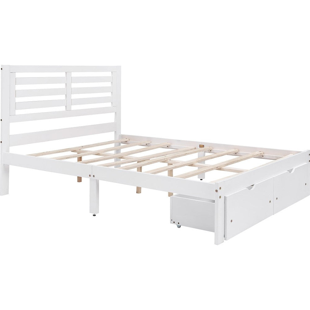 White Wood Full With Two Drawers Bed Frame