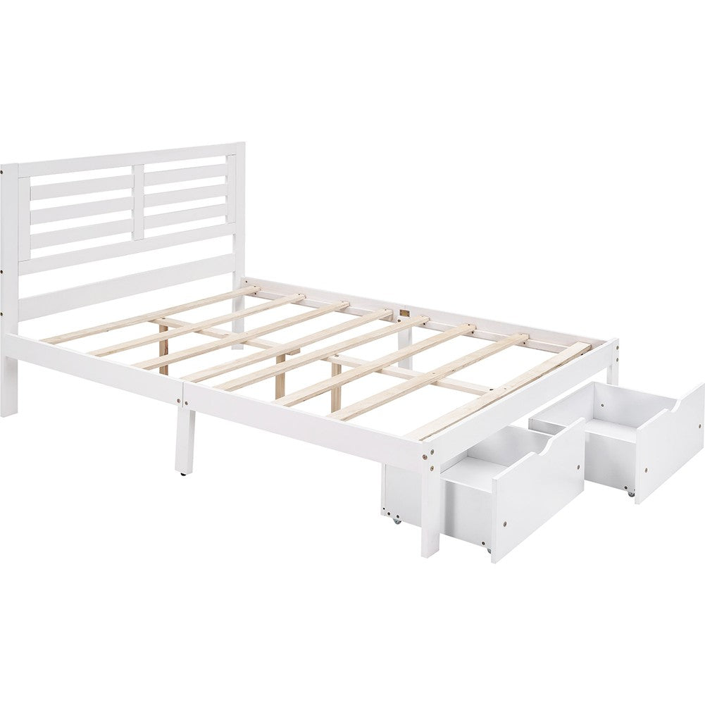 White Wood Full With Two Drawers Bed Frame