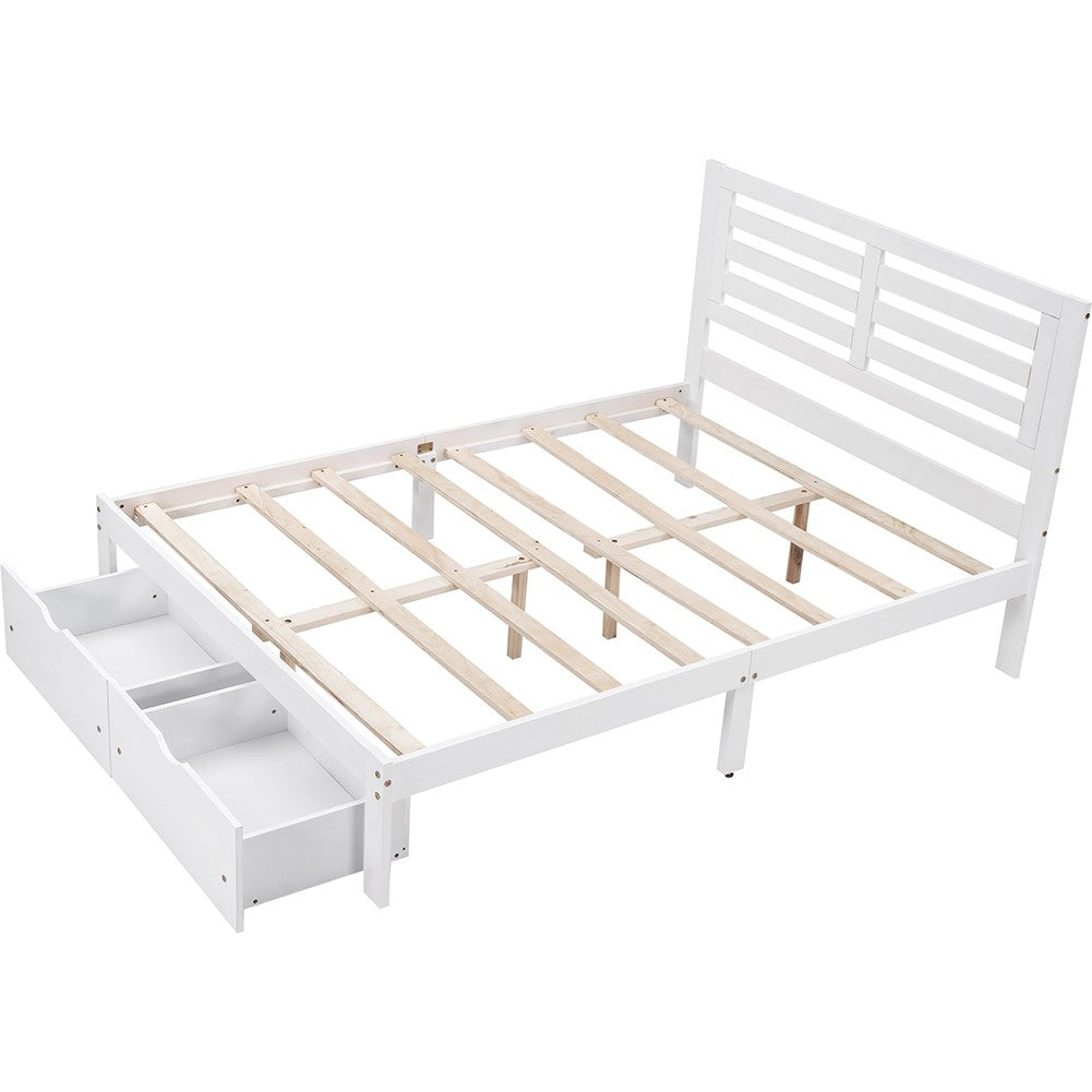 White Wood Full With Two Drawers Bed Frame