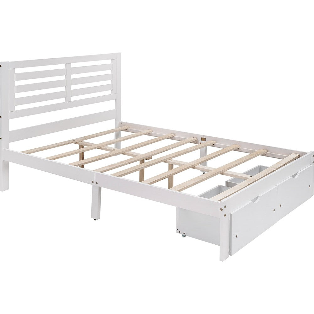 White Wood Full With Two Drawers Bed Frame