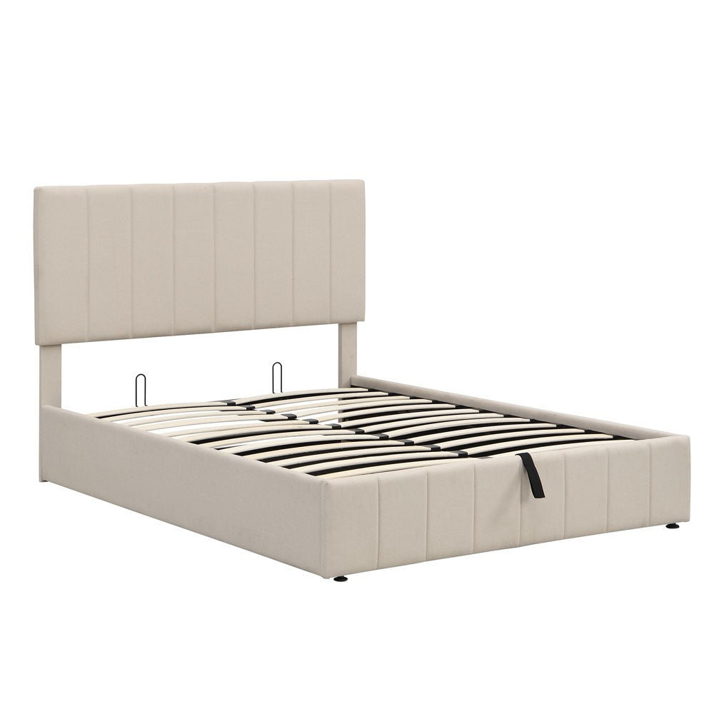 Beige Ribbed Texture Linen Blend Full Bed Frame