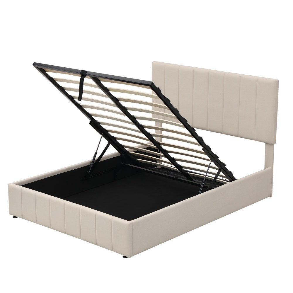 Beige Ribbed Texture Linen Blend Full Bed Frame