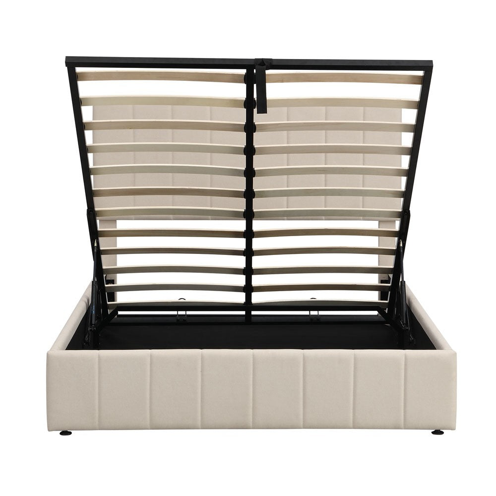Beige Ribbed Texture Linen Blend Full Bed Frame