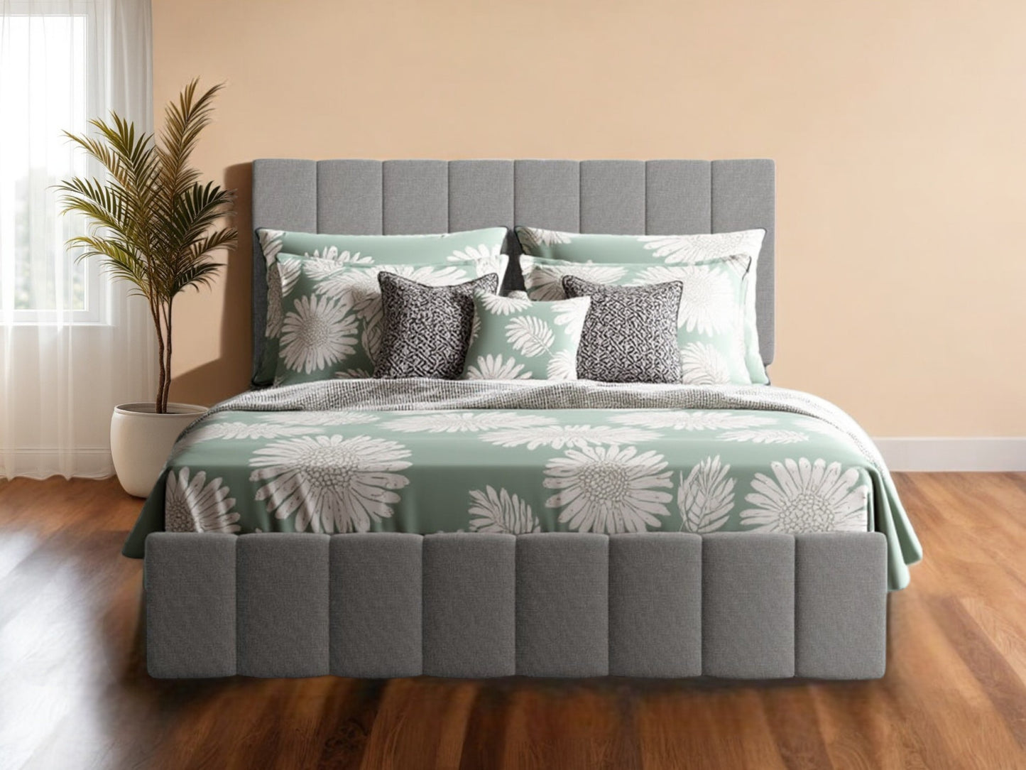 Gray Ribbed Texture Linen Blend Full Bed Frame