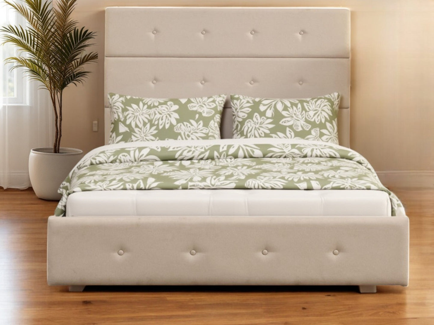 Beige Tufted Linen Blend Full Bed Frame