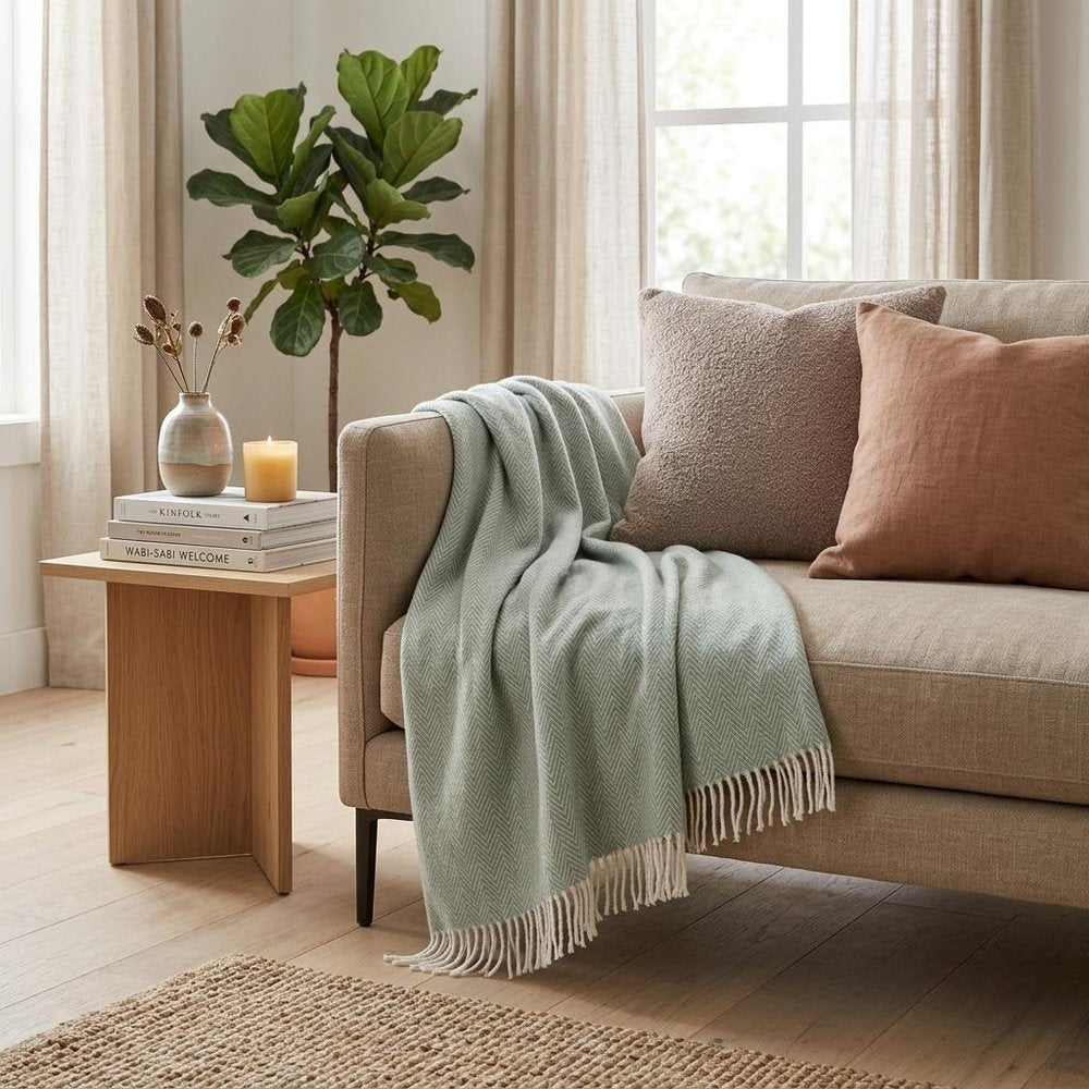 55" X 70" Sage and Ivory Woven Cotton Herringbone Plush Throw Blanket