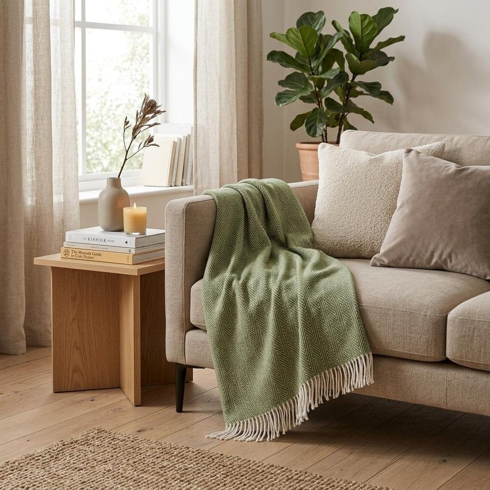55" X 70" Moss Green And White Cotton Blend Woven Herringbone Plush Throw Blanket with Tassels