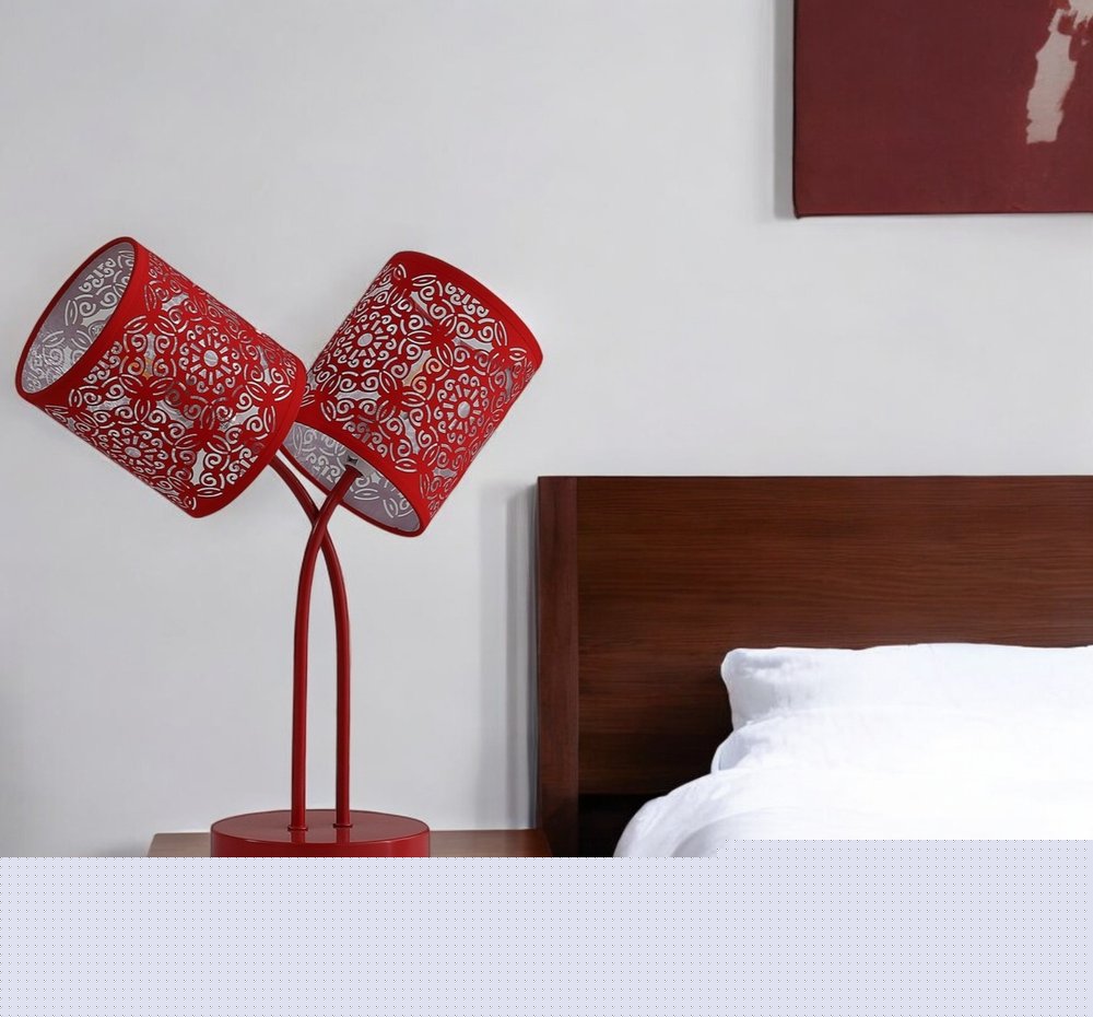 17" Red Metal Two Light Table Lamp With Red Abstract Drum Shade