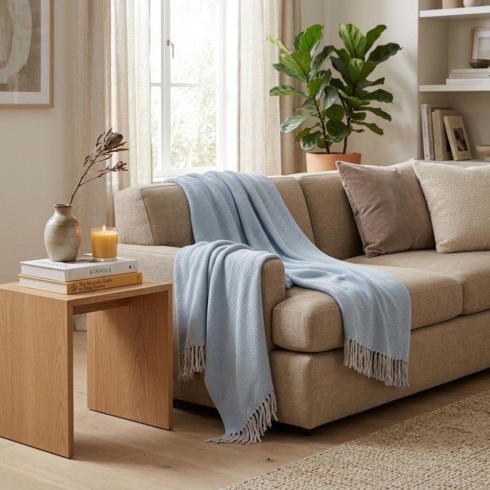 Sky Blue Mini Dot Fringed Throw Blanket